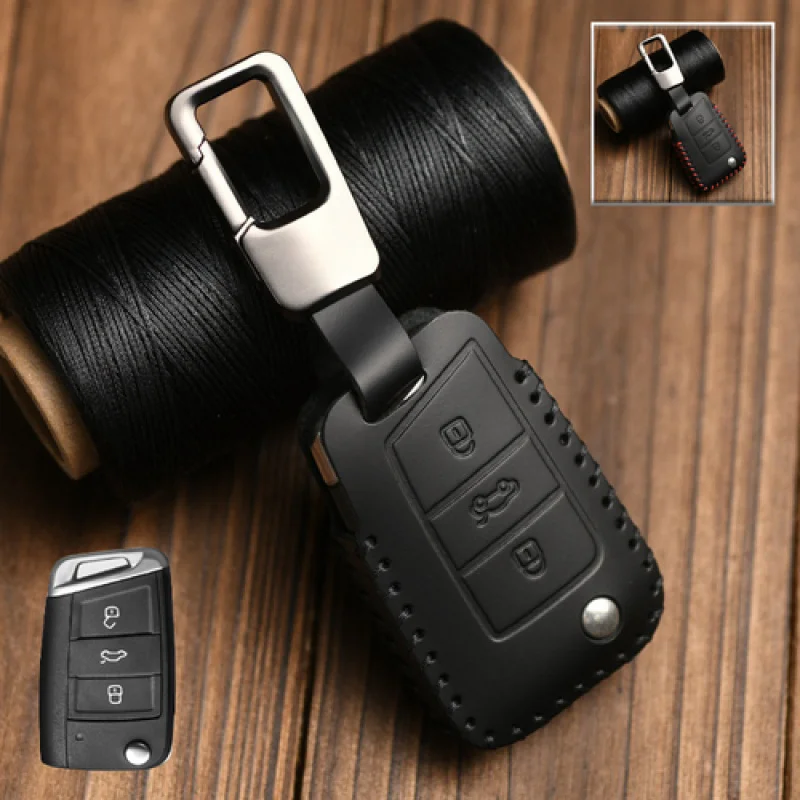 

A+ Genuine Leather Car Remote Key Fob Case Cover For VW Golf MK7 Polo Tiguan Skoda