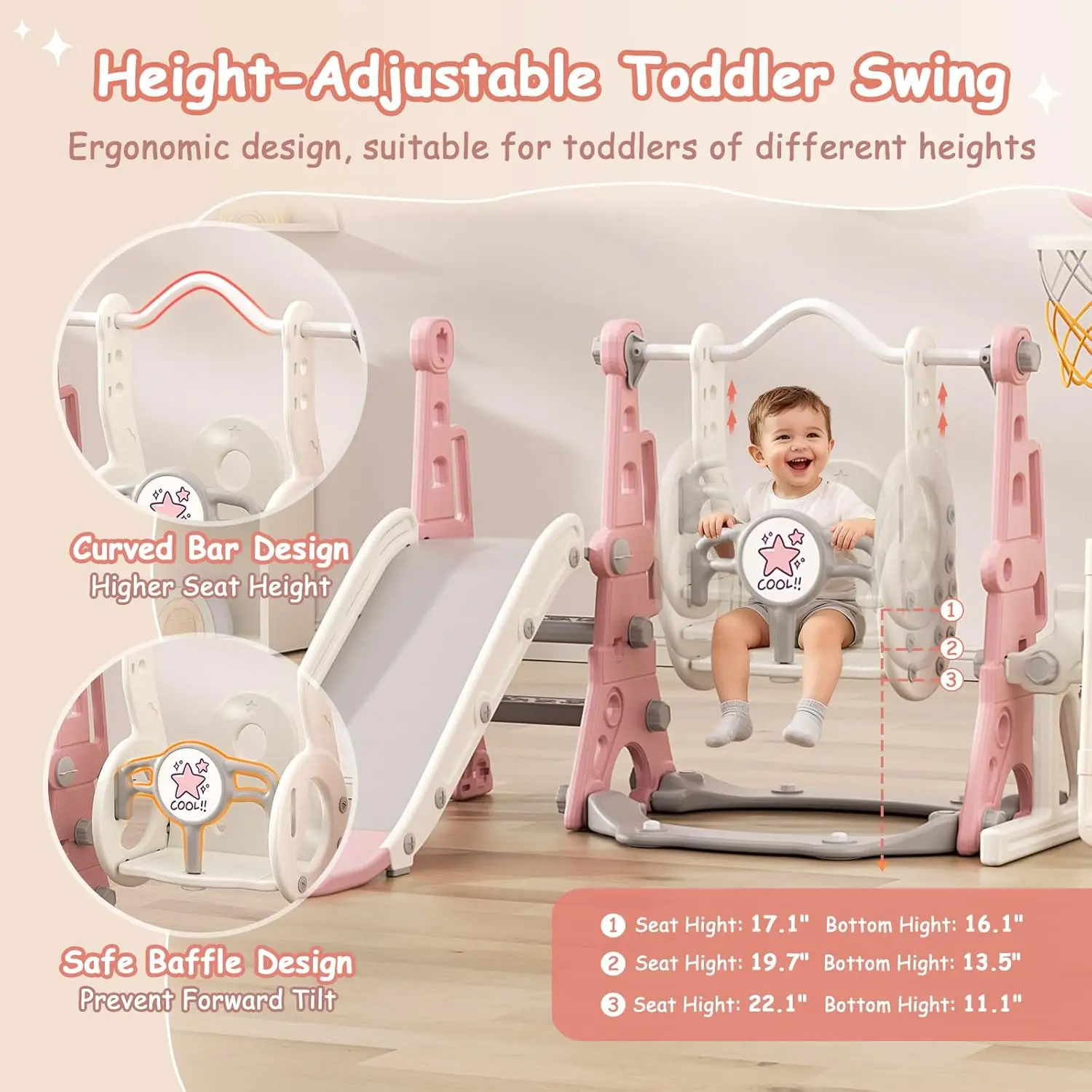 6-in-1 幼児用ブランコと滑り台セット、バスケットボール、サッカー、ゴルフゲーム付き、1～2歳向け、ピンクの屋内外プレイセット