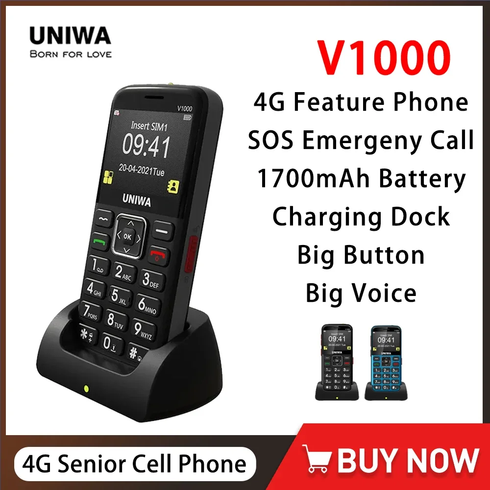 UNIWA V1000 2.31 Inch 4G Phones Flashlight 0.3MP Camera Big Button Long Time Standby Russian Keypad Mobile Phone Unlocked SOS