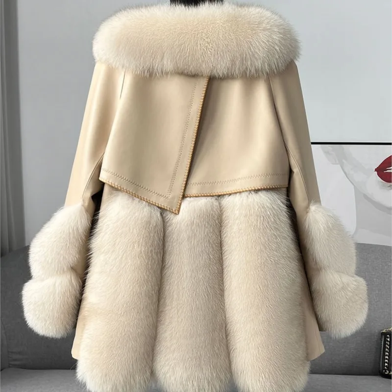 2022 New Women Down Coats with Fox Fur Collar Cuffs Winter Velvet Jackets Warm Fur Clothing Luxury Female Genuine Leather Coat