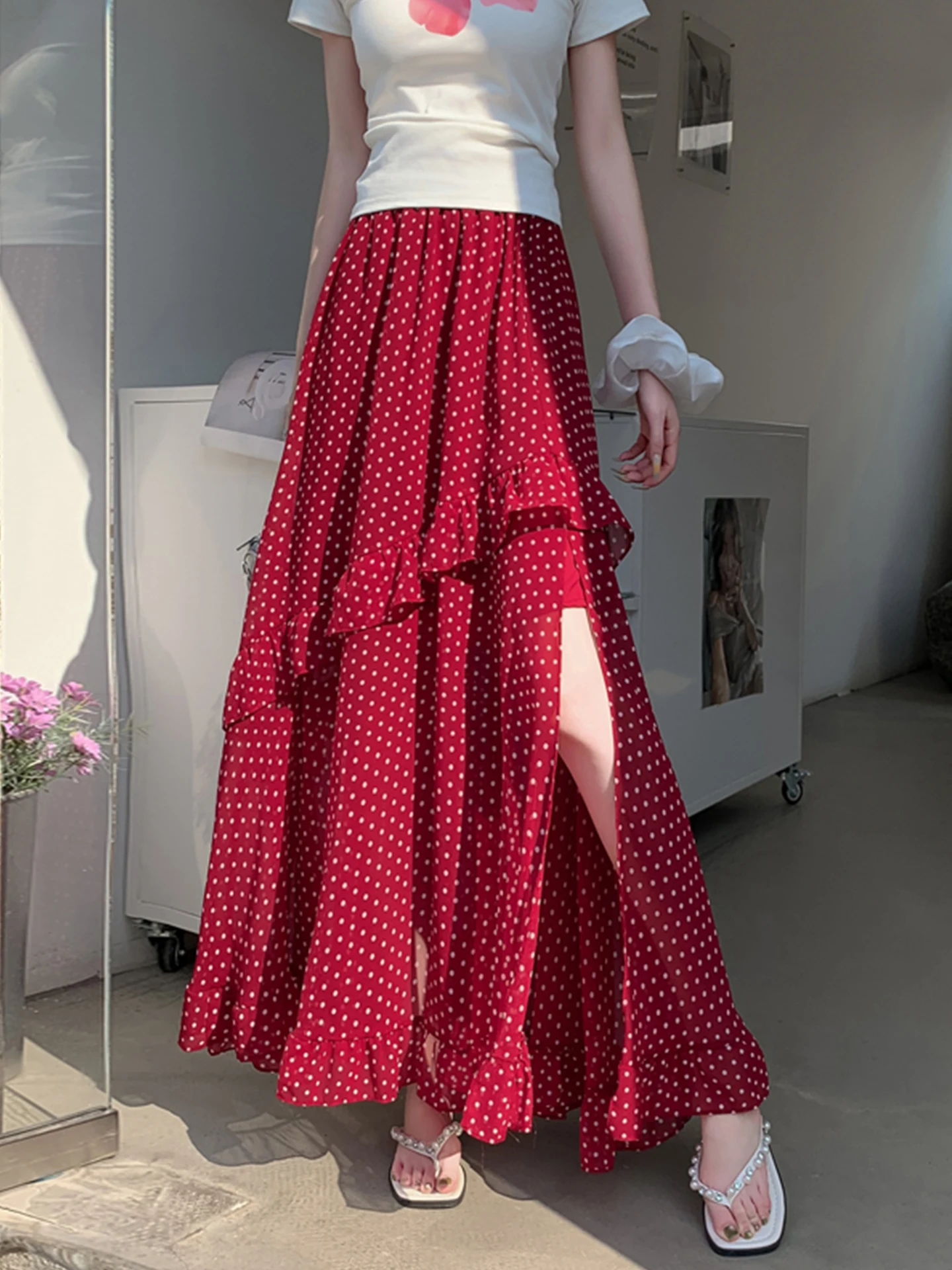

Emily Clud Recommended Polka Dot Asymmetrical Long Skirt Women's Spring Summer Side Slit Flared f-length Skirt
