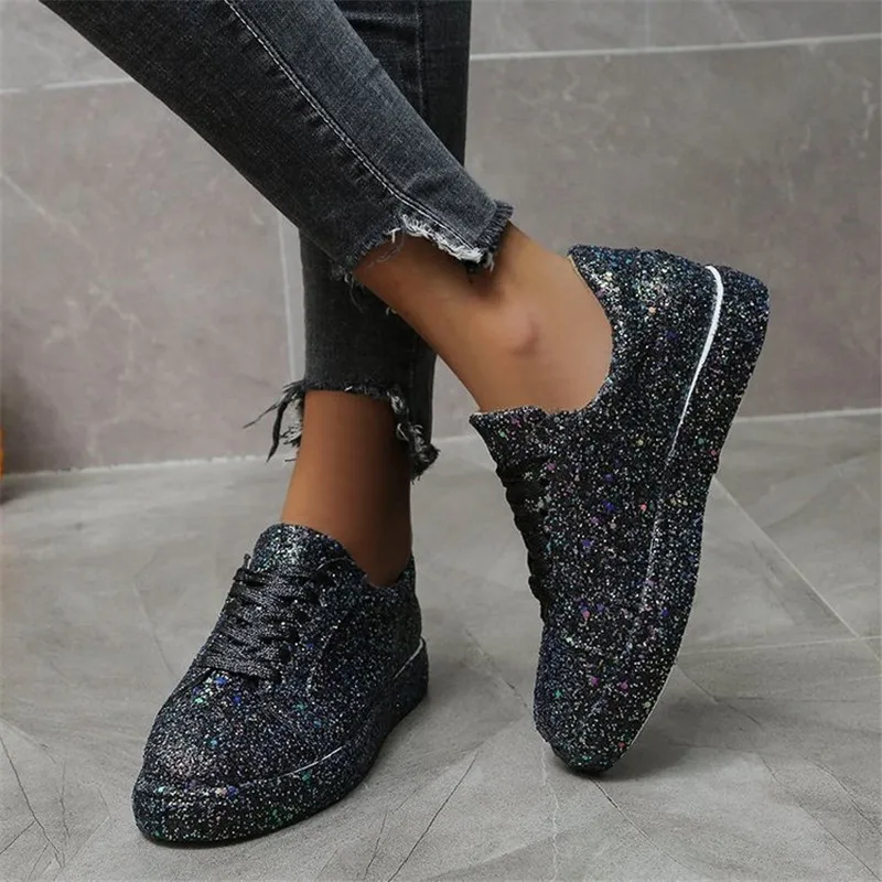 2024 Women Lace Up Sneakers Glitter Autumn Flat Vulcanized Ladies Bling Casual Female Fashion Platform Zapatos De Mujer Shoes