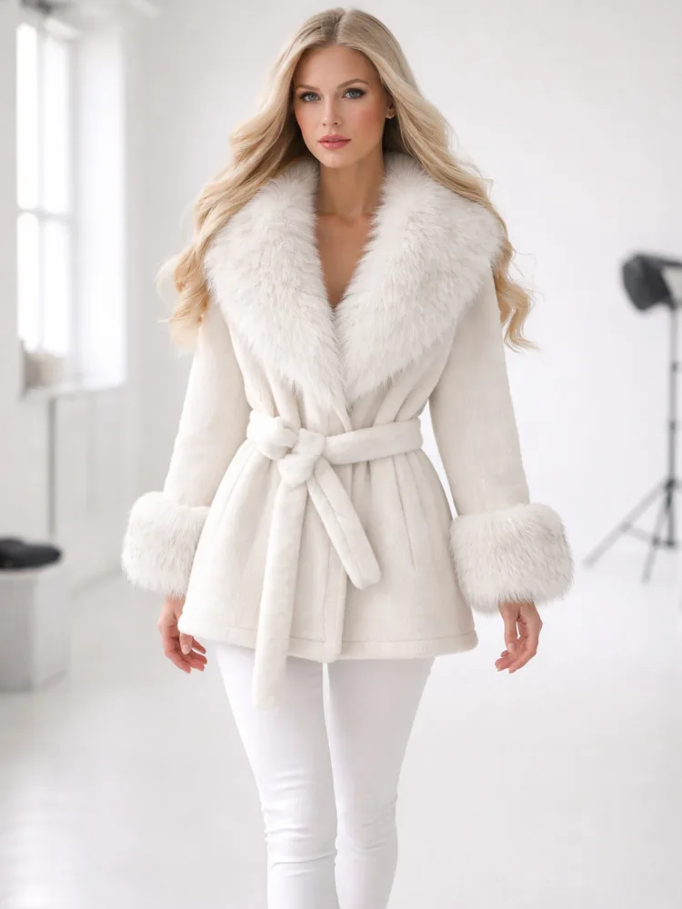 ONEXWEN Women's Coat Luxury Oversized Genuine Fur Collar Cuffs Trim Belted Waist Mid-Length Winter Warm Casual Outerwear RU3