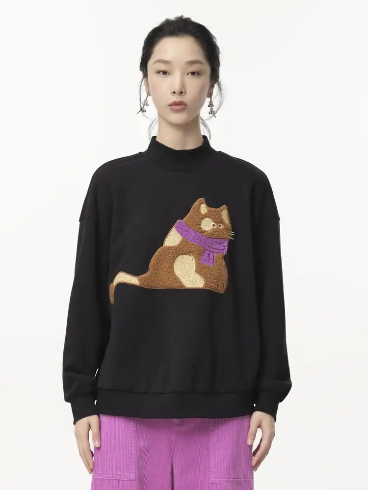 

MOVEUP Long Sleeved High Neck Sweatshirt Autumn Cartoon Cat Embroidery Drop Sleeves Minimalist Pullover Top For Women 324310552