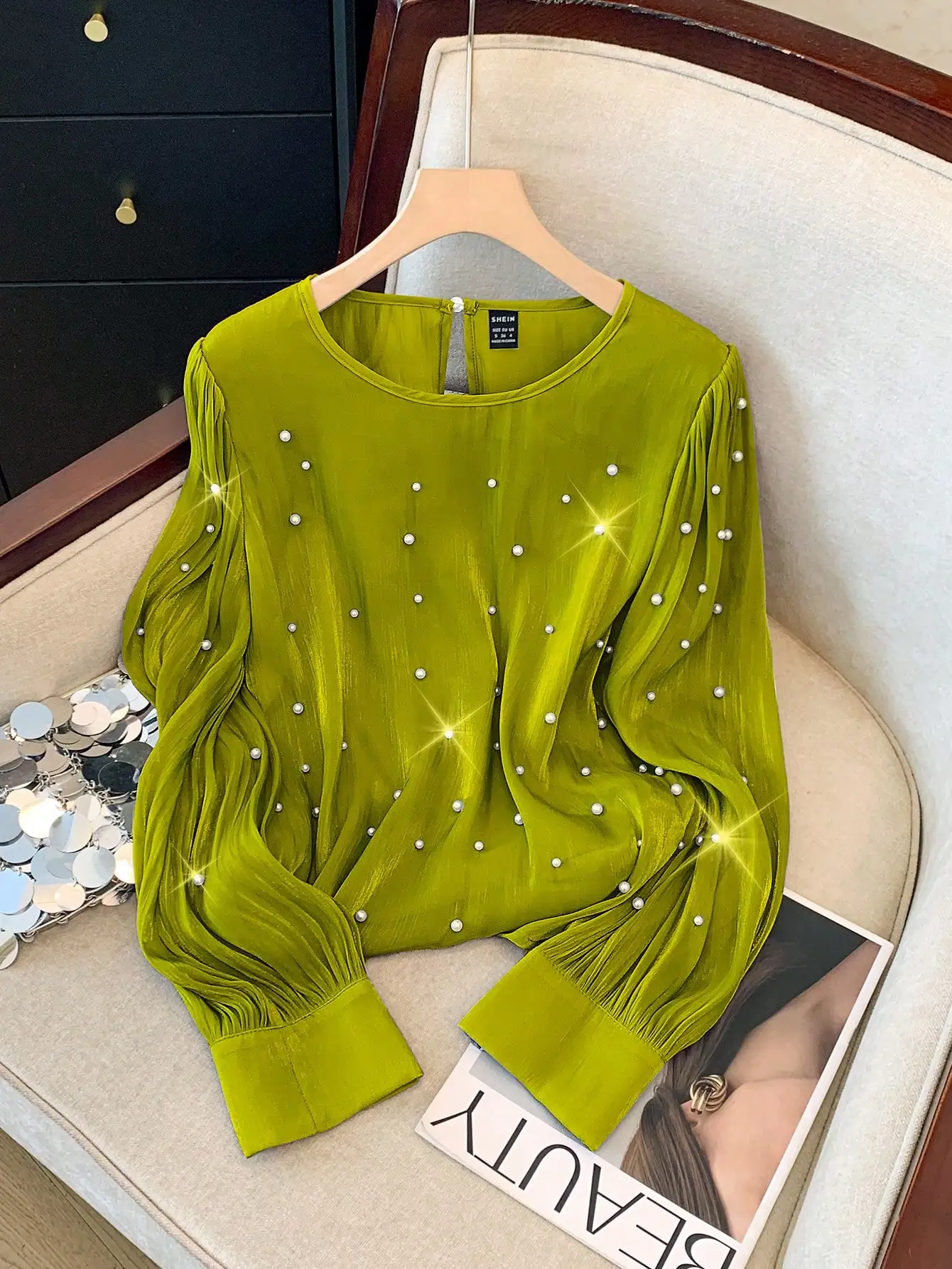 Solid Green French Style Beaded Blouse With Pleated Sleeves For Women
