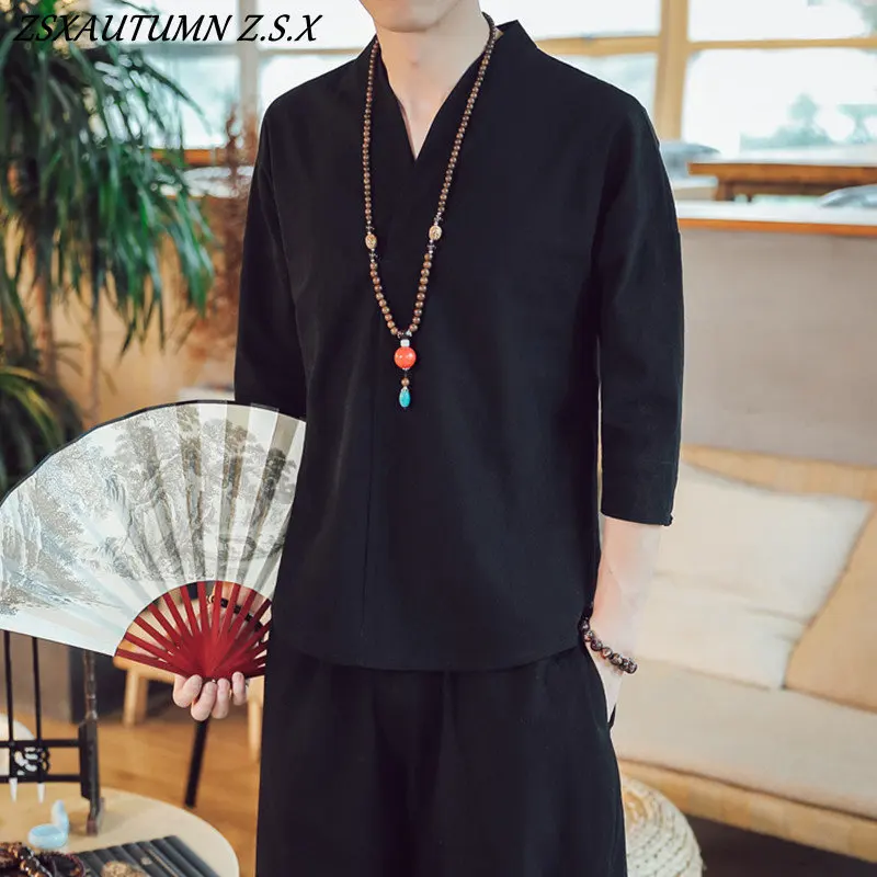 Chinese Style Summer Tang Suit Tops Japan Harajuku Yukata Feather Cardigan Kimono Men\'s Cotton Linen Bottoming Shirt Hanfu Male