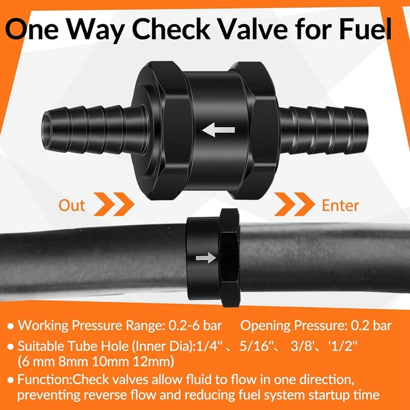 1/4 Inch 5/16 Inch 3/8 Inch 1/2 Inch Fuel Non-Return Inline One-Way Check Valve Suitable For Gasoline (4 Pieces Black)