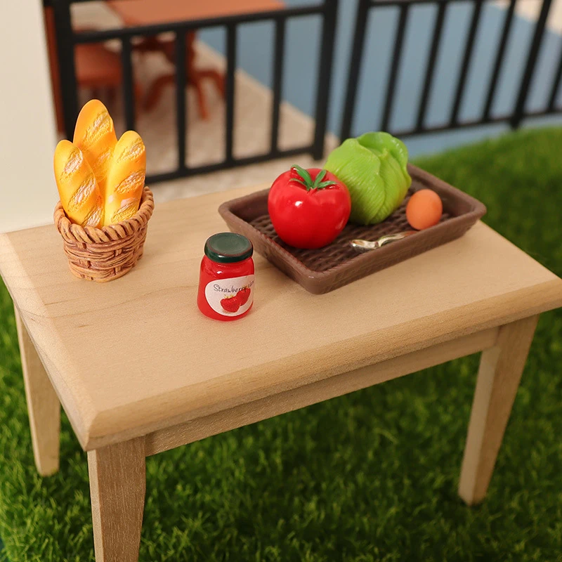 1/12 Dollhouse pane simulato cavolo pomodoro uovo Ketchup Kit casa delle bambole cucchiaio da cucina cestino vassoio casa delle bambole Mini accessorio