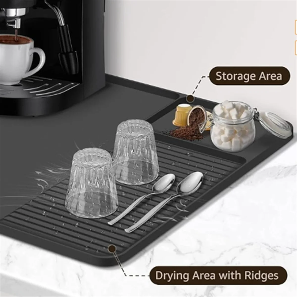 Silicone Coffee Mat 24x16In Coffee Bar Mat with Detachable Dish Drying Mat for Kitchen Countertops Coffee Accessories B-A70Z