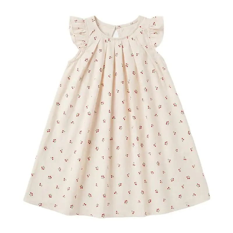 New Arrival Toddler Girl Romantic French Floral Print Gown, Angel Sleeve Cherry Ruffled Baby Skirt for 90-140cm