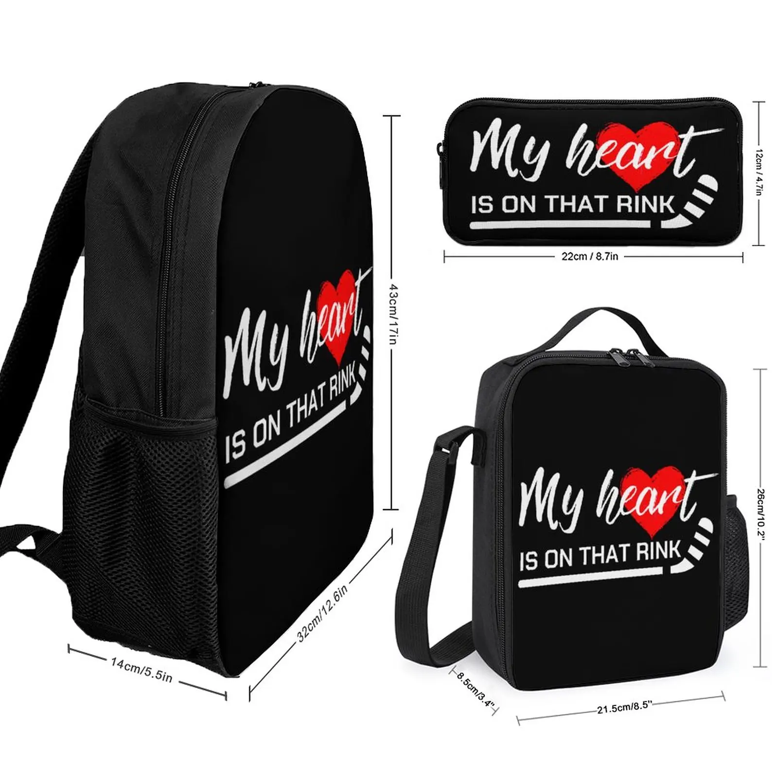 My Heart Is On That Rink Hockey Mom Essent 3 in 1 Set 17 Inch Backpack Lunch Bag Pen Bag  Secure Rucksack Snug Summer Camps Nove