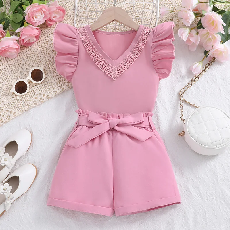 New Summer Girls Ruffled V-Neck Top & Pink Shorts Two Piece Set Daily Casual Vacation Holiday Cute Preppy Style Outifits