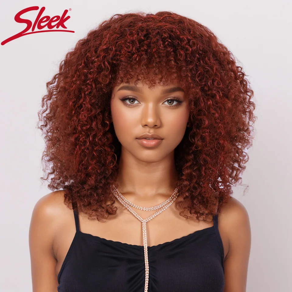 

Sleek Curly Human Hair Wigs For Women 33 Red Colored Brazilian Hair Wigs With Bangs 100% Real Ready To Wear Short Curly Wigs