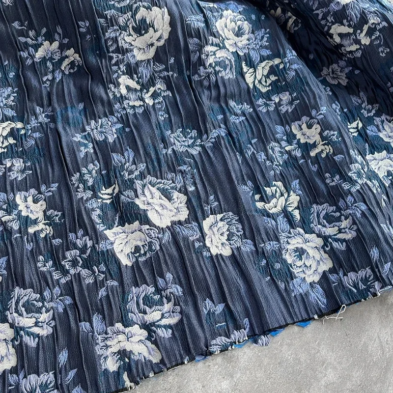 White Rose Deep Blue Pleated Jacquard Muscle Fabric Creative DLY Handmade Bag High-end Clothing Decoration Designer Fabric