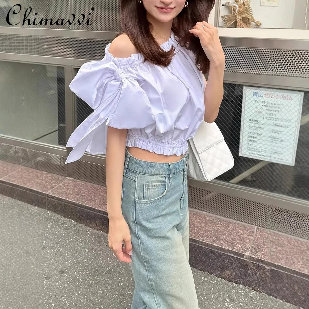 Japanese 2025 Summer Women's Personalized Off-shoulder Pleated Fungus Bow Asymmetrical Short Shirt Top Black and White Blouse