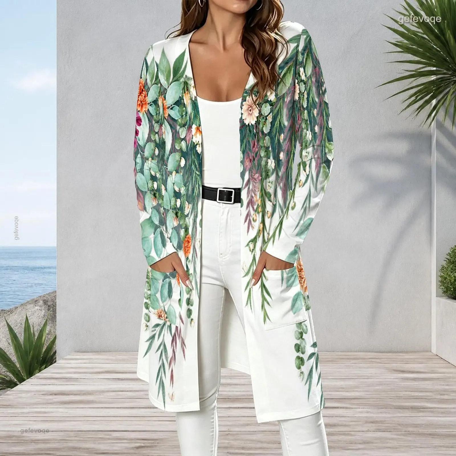 Women Cardigan with Print Long Sleeve Open Front Longline Straight Hem