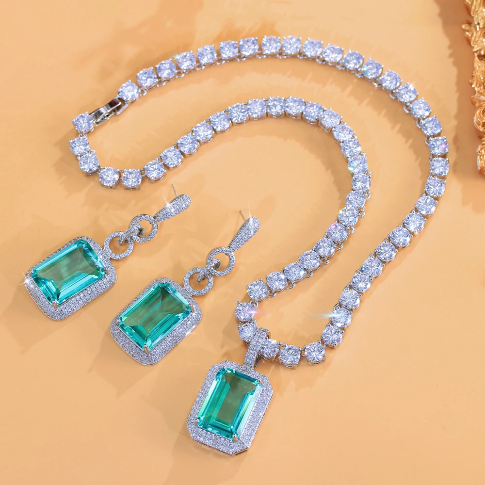 ThreeGraces Luxury Brilliant Square Zirconia Women Big Pendant Necklace and Earrings Bridal Wedding Party Jewelry Set T1098