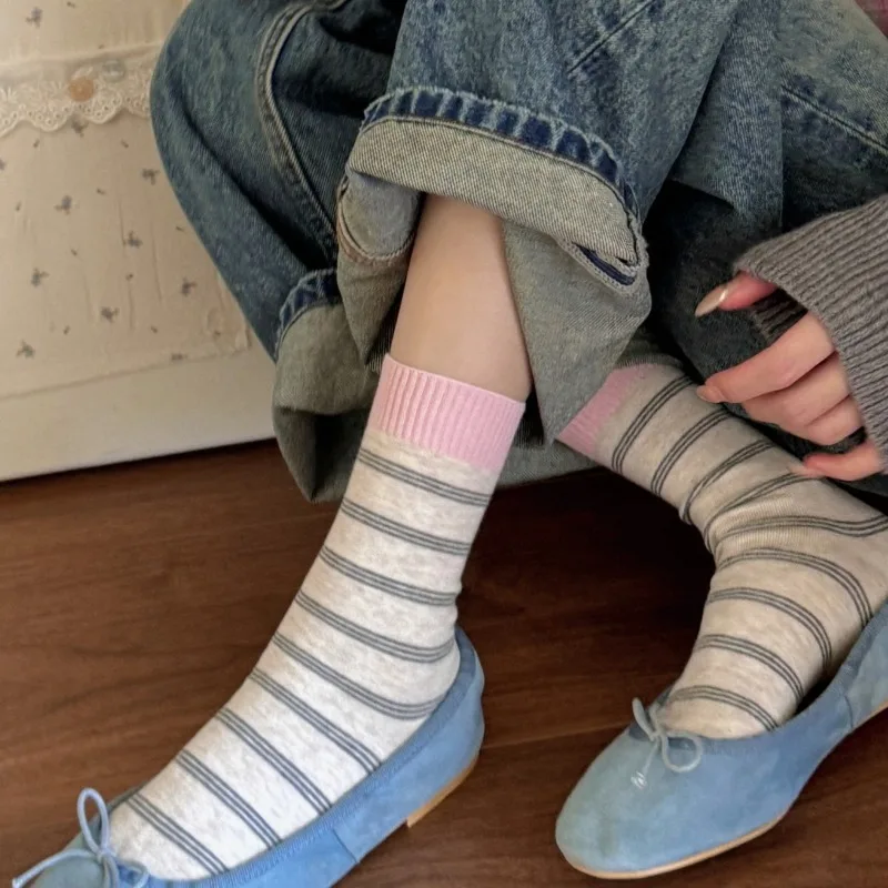 

SP&CITY Japanese Striped Color Blocked Mid Tube Socks Women's Sweat Cotton Pile Socks Fashion College Style Casual Soft Sock