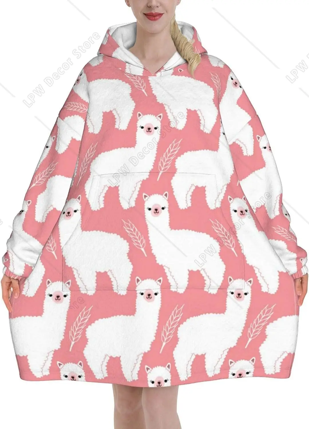Alpaca Llama Print Blanket Hoodies For Women & Men Adult Teen Wearable Hooded Sweatshirt With Pocket