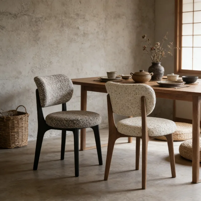 

Mid-Century Modern Boucle Dining Chair with Wood Frame Minimalist Upholstered Accent Chair for Kitchen Dining Room Living Room