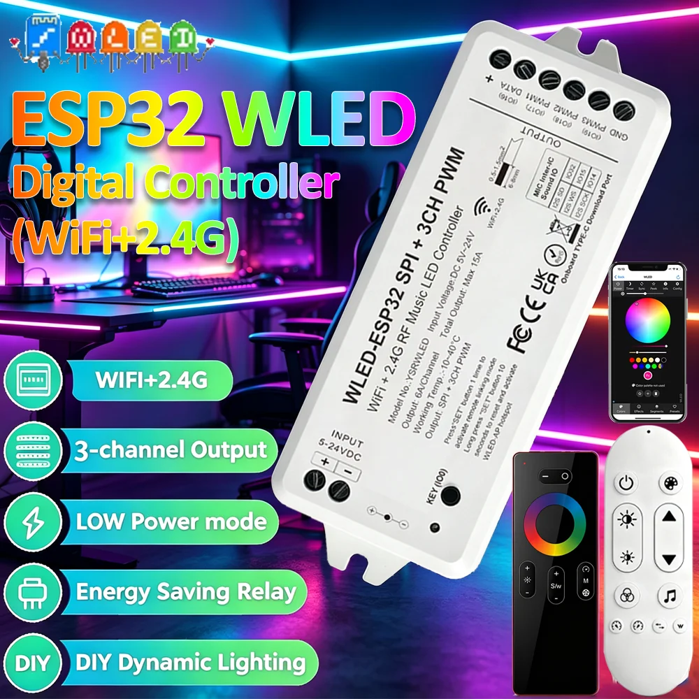 WLED LED Controller ESP32 WiFi Dimmer Mic Music RGB IC Digital Lights Addressable String Lighting WS2811 WS2812B WS2815 SK6812