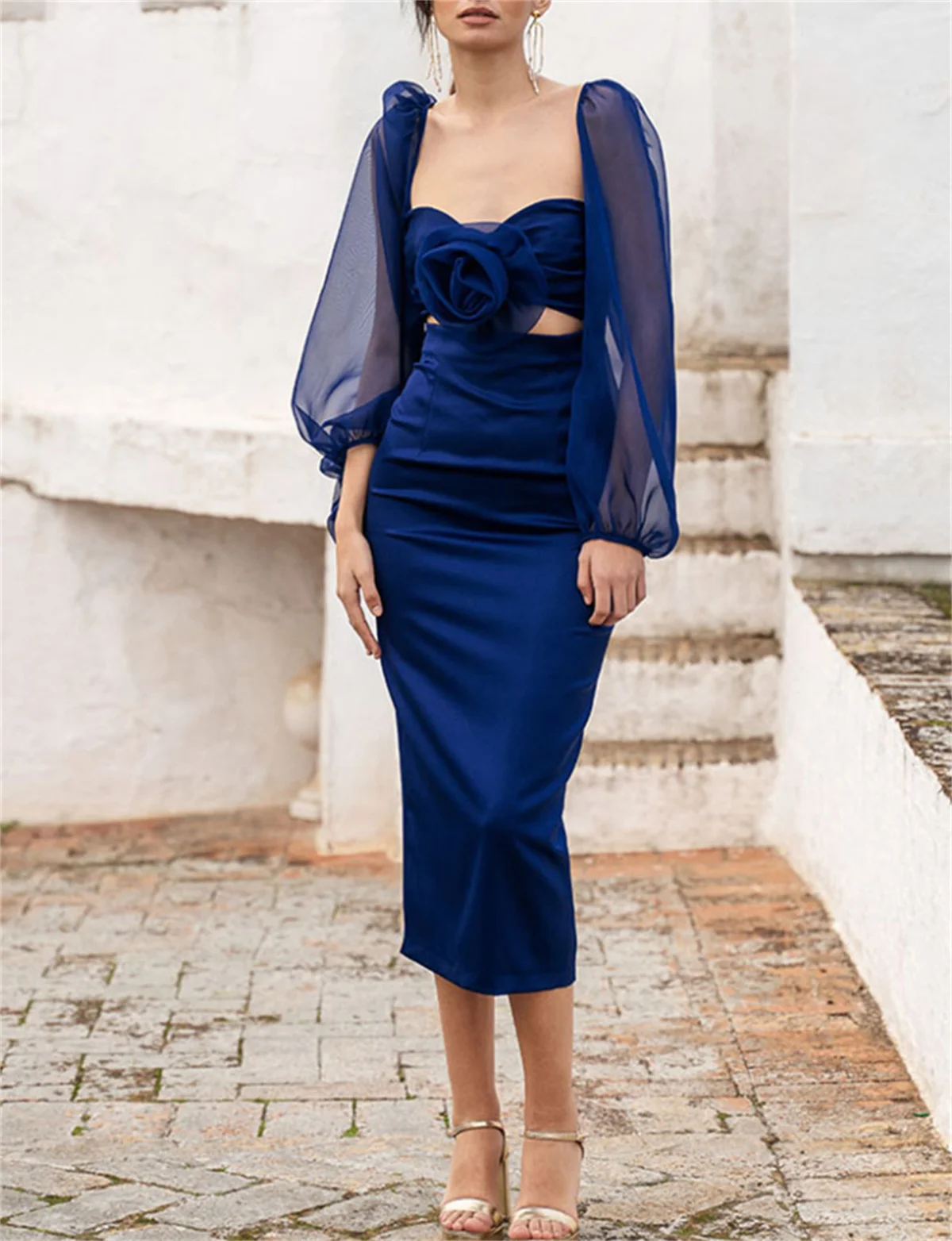 Elegante abito da cerimonia blu abito da sera in Tulle plissettato con collo alto francese da donna alla caviglia abiti personalizzati de soirée