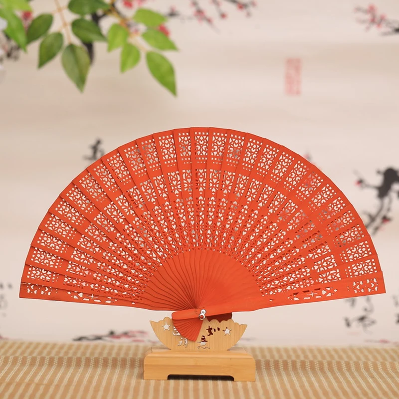 Fashion Wedding Hand Fragrant Party Carved Bamboo Folding Fan Chinese Wooden Fan Vintage Hollow Antiquity Folding Fan