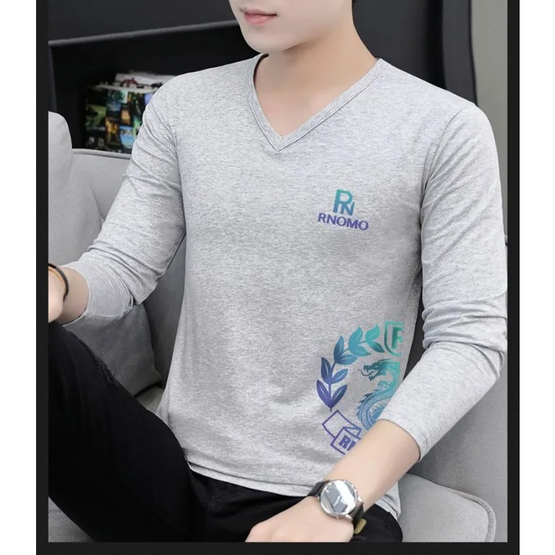 جديد الرجال طويلة الأكمام تي شيرت مطبوعة الربيع والخريف سليم القطن الأبيض قاع قميص الخامس الرقبة الأعلى