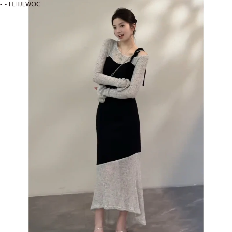 エレガントなフィッシュテールロングドレス 2025年秋新作 ファッション シックなフレンチスリムフィット トランペットスリット入りフェイクツーピース ボウタイ付きTシャツドレス