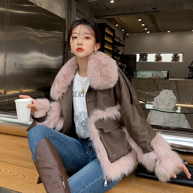 

Fur Womens Winter Coats Real 2023 New Real Natural Fox Fur Jackets Genuine Sheep Skin Locomotive Jacket for Women Thick Warm