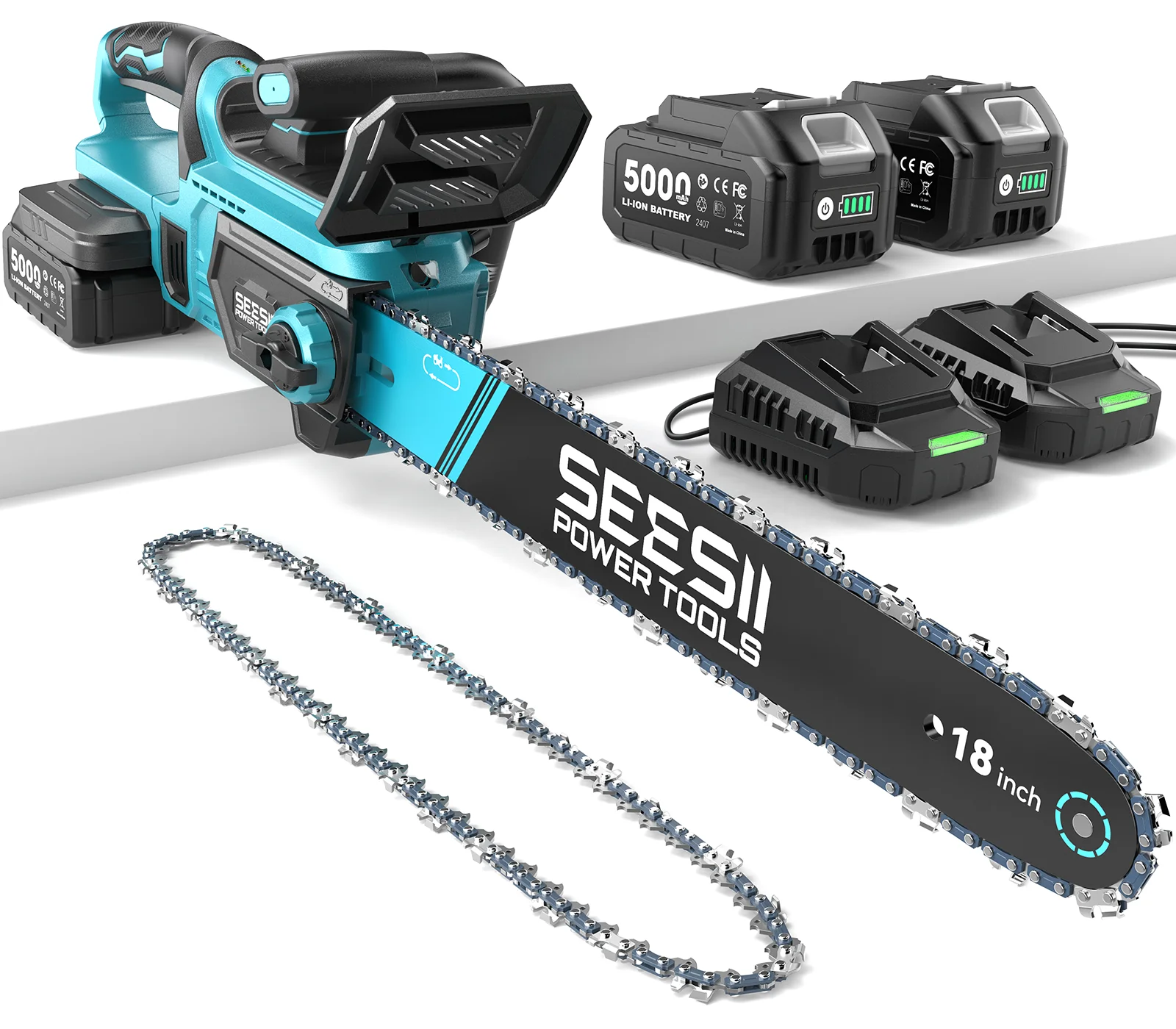 SEESII 40V 18Inch Cordless Electric Saw 2200W Brushless Chainsaw With Automatic Oiler Garden Woodworking Cutting Tool For Makita 18v Battery Pin