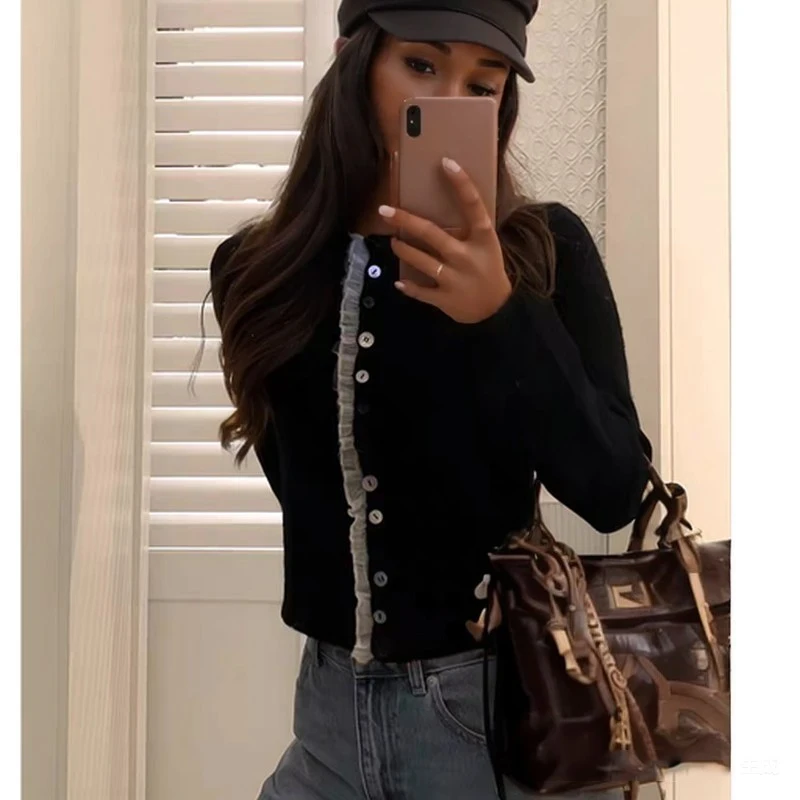 

Модный милый кардиган, вязаный свитер, новые женские корейские кружевные куртки с рюшами, универсальные куртки с длинными рукавами, повседневная короткая одежда