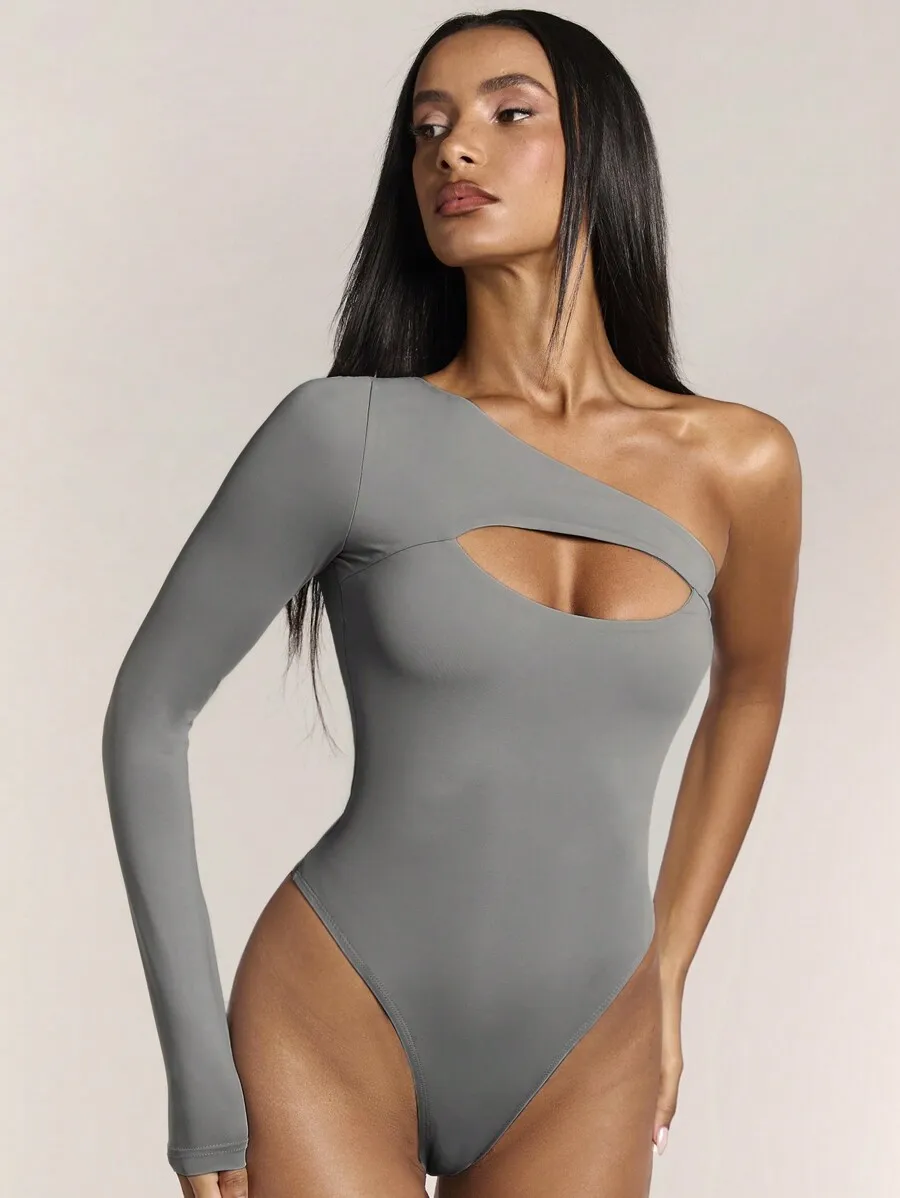 

Women's Gray Asymmetrical One-Sleeve Hollow-Out Bodysuit with High Stretch