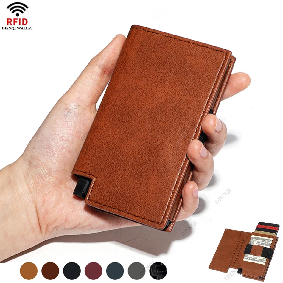 Rfid Aluminum Credit Card Holder Men Wallets Leather Luxury Bank Cardholder Case Metal Smart Slim Thin Mini Minimalistic Wallet