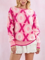 Women's Valentine's Day Knit Sweater Sweet Letter Heart Jacquard Long Sleeve Round Neck Pullovers Tops Autumn Spring Knitwear