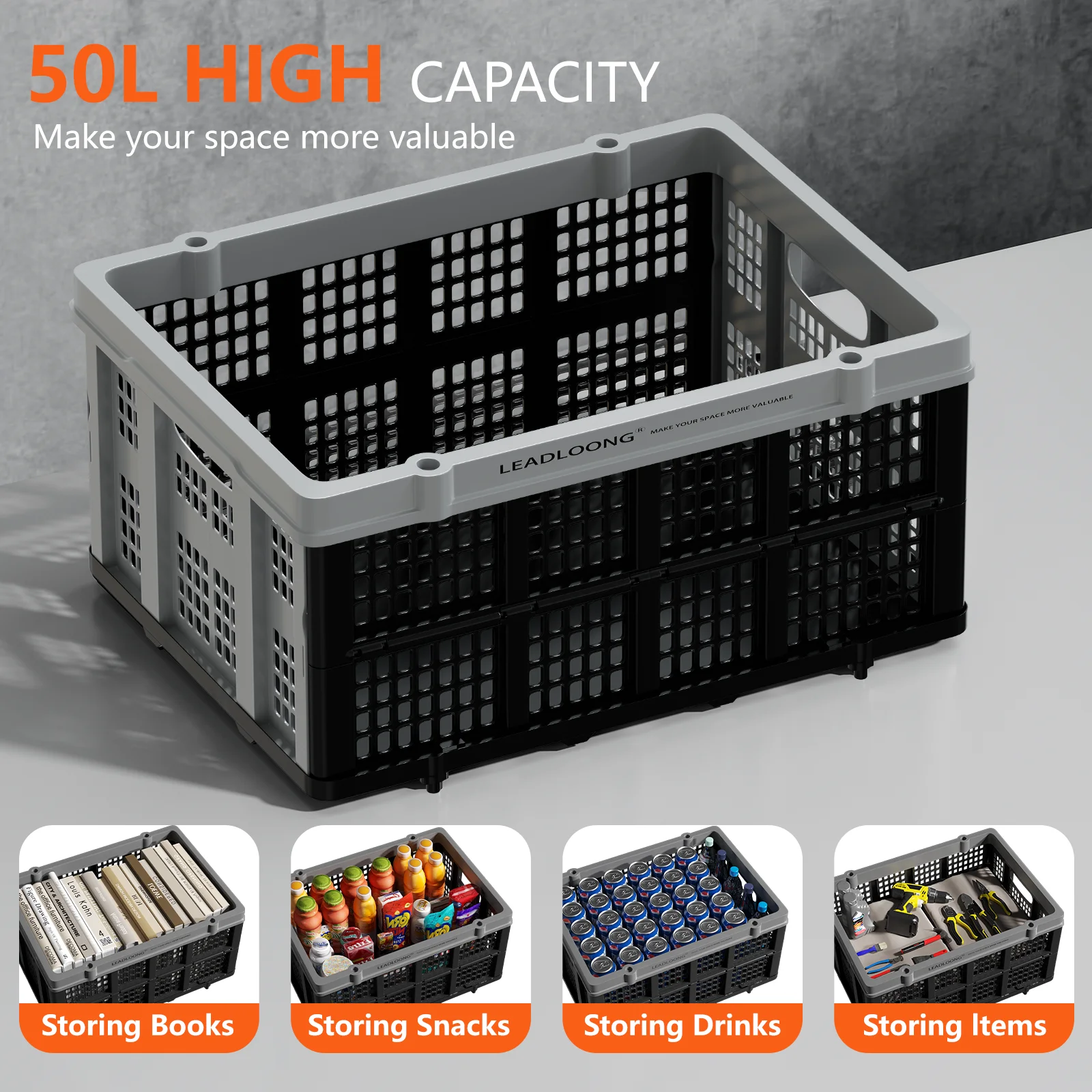 LEADLOONG 2/4Pcs Folding Basket 56*40*27.3cm\\22*15.7*10.7inch Collapsible Storage Basket Plastic Basket for Garage Home Garden
