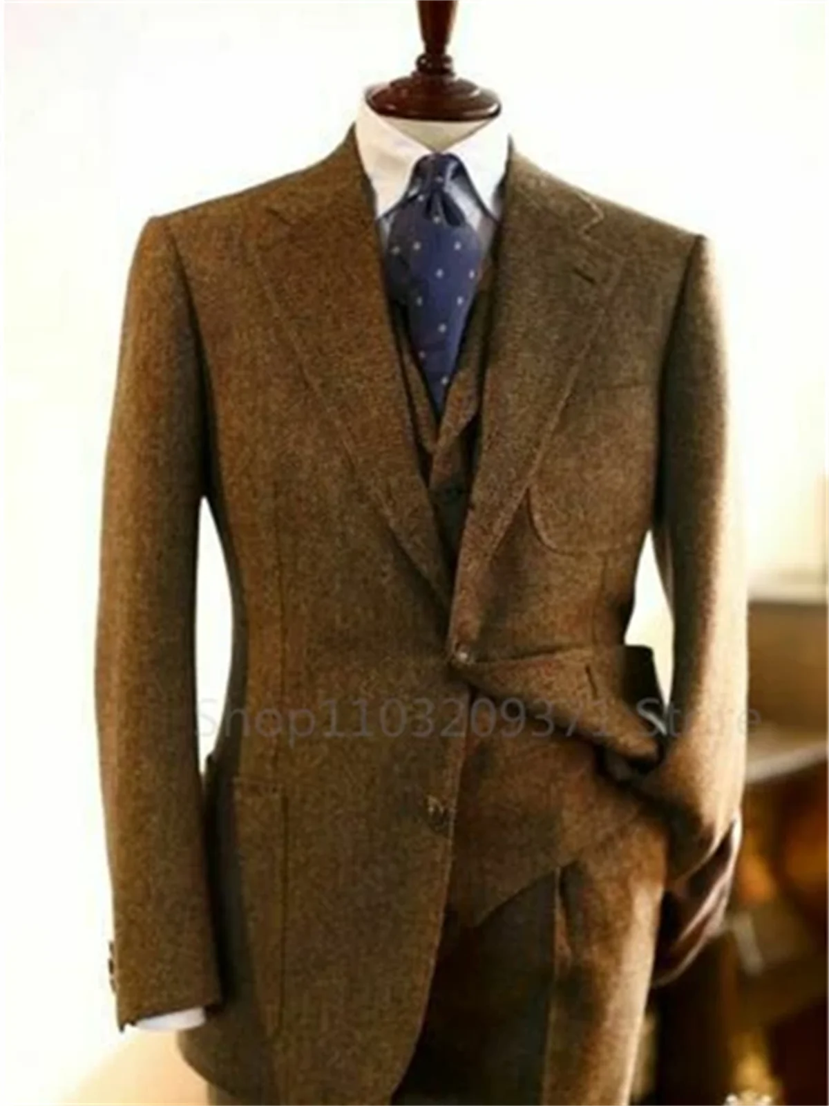 3 Pieces Men\'s Suits Tweed Herringbone Slim Fit Business Cauasl Waistcoat Jacket Groomsmen Wedding Suits(Blazer+vest+Pants)