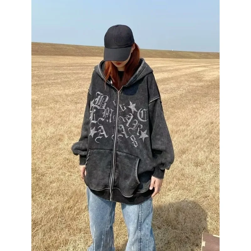 

Vintage Gothic Coat Subculture Long Sleeve Casual Women Hoodies American Retro Y2K Star Letter Print Jacket Autumn Streetwear
