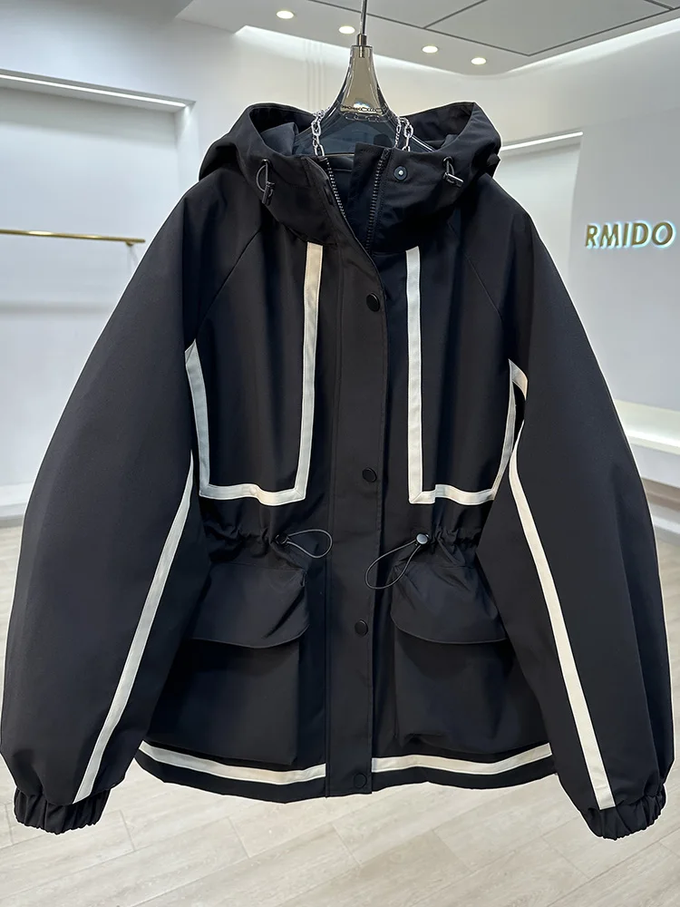 Chaqueta Corta con Capucha y Bloques de Color Es, Cortavientos Casual de Moda para Mujer con Correa, Nuevo Estilo u...