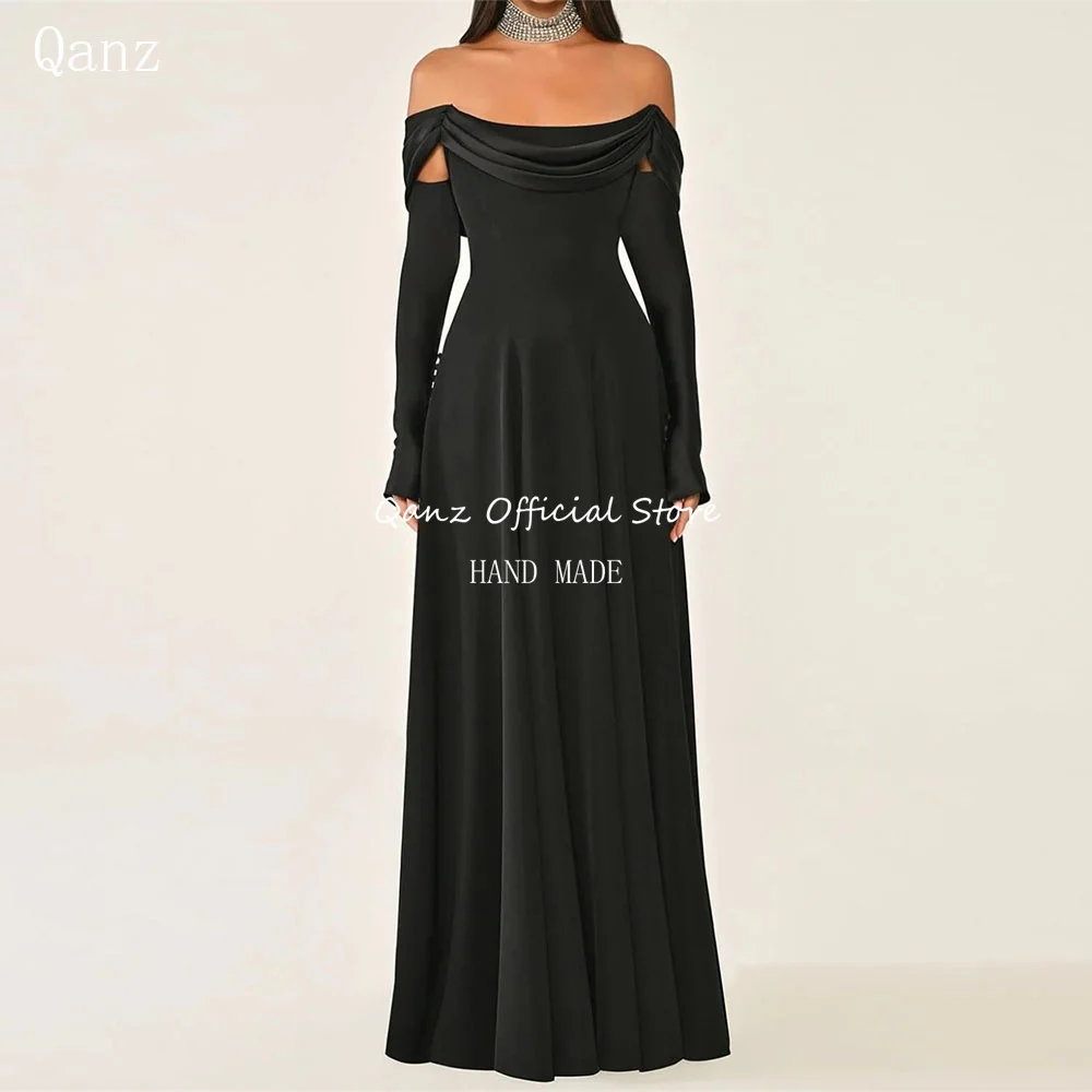 

Qanz Black Vintage Satin Evening Dresses for Women Long A Line Prom Dresses 2025 Off Shoulder Full Sleeves Party Gown Customized