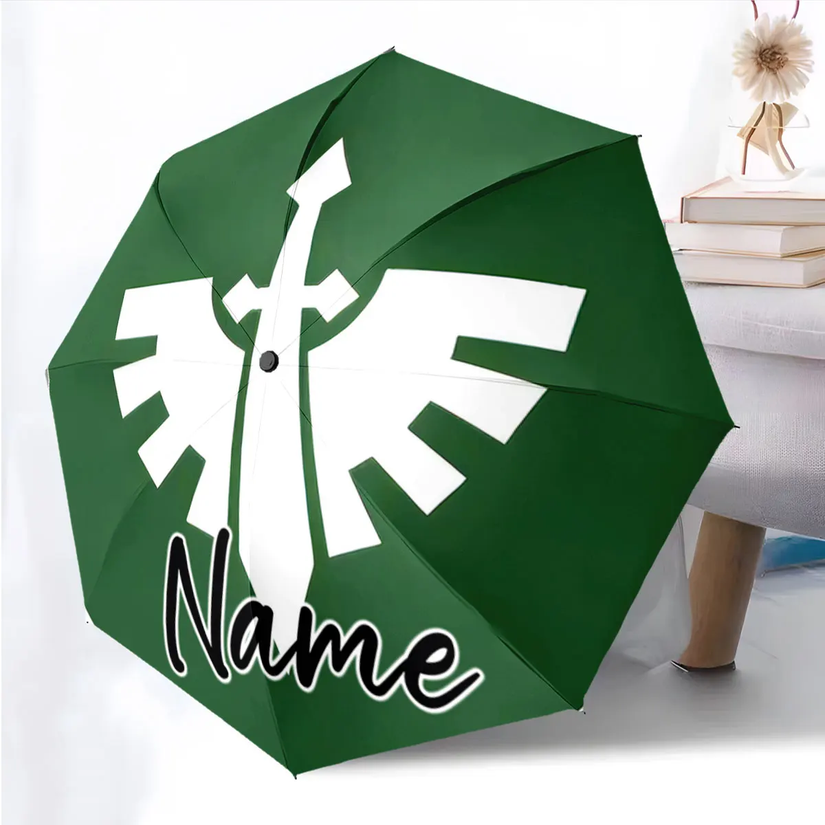 Custom Name Green Umbrella with Sword and Wings Design Print 8 Iron Ribs Folding Umbrella Auto-Open Fashion Sunshade
