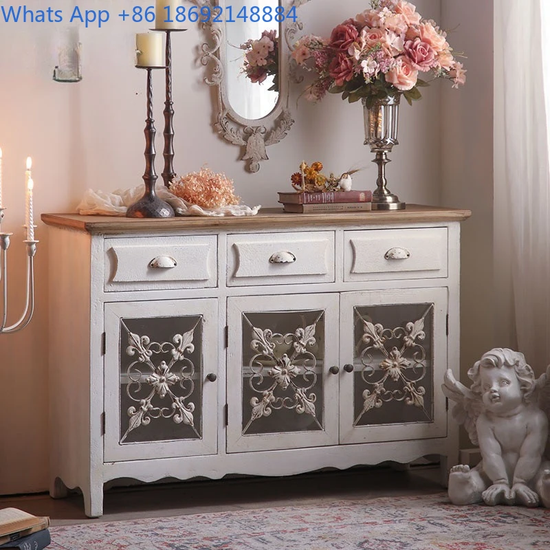 Rustic American Style Vintage Entry Cabinet with Distressed Carvings Living Room Storage Shoe Cabinet for Home or Inn