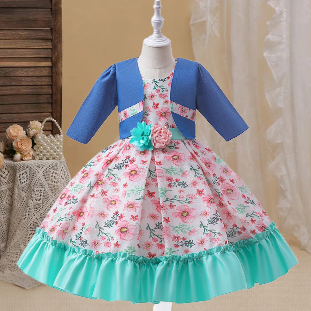 2pcs Dress and Coat Summer Floral Party Princess Dresses for Girls Print Wedding Bridesmaid Dress Girl Birthday Evening Costumes