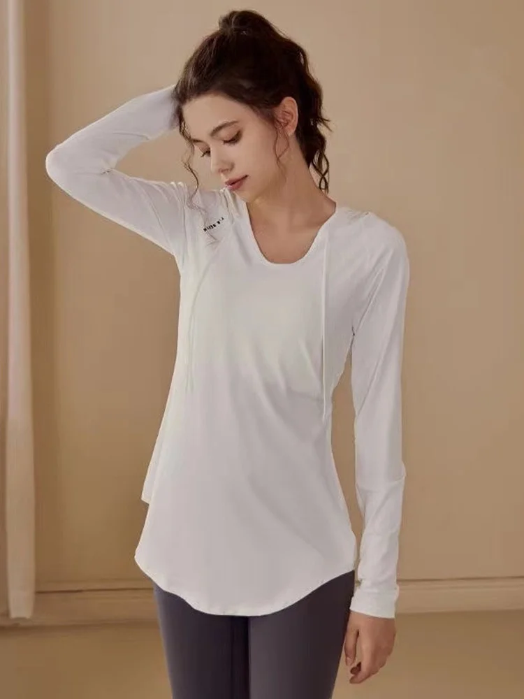 

Женская спортивная одежда для йоги: худи с длинным рукавом, быстросохнущая футболка для фитнеса, топ для бега, прикрывающий ягодицы, осень-зима, новинка