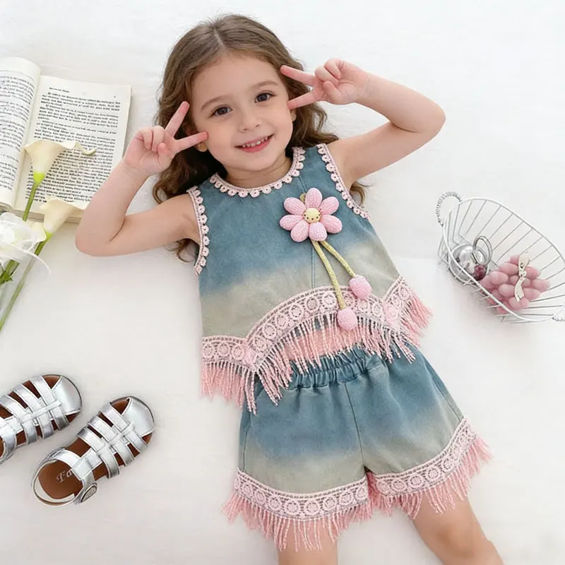 Girls Clothes Sets Summer 3D Flower Bow Backless Sleeveless Tops and Shorts 2pcs Suits for Kids Casual Teenager Outfits Clothing