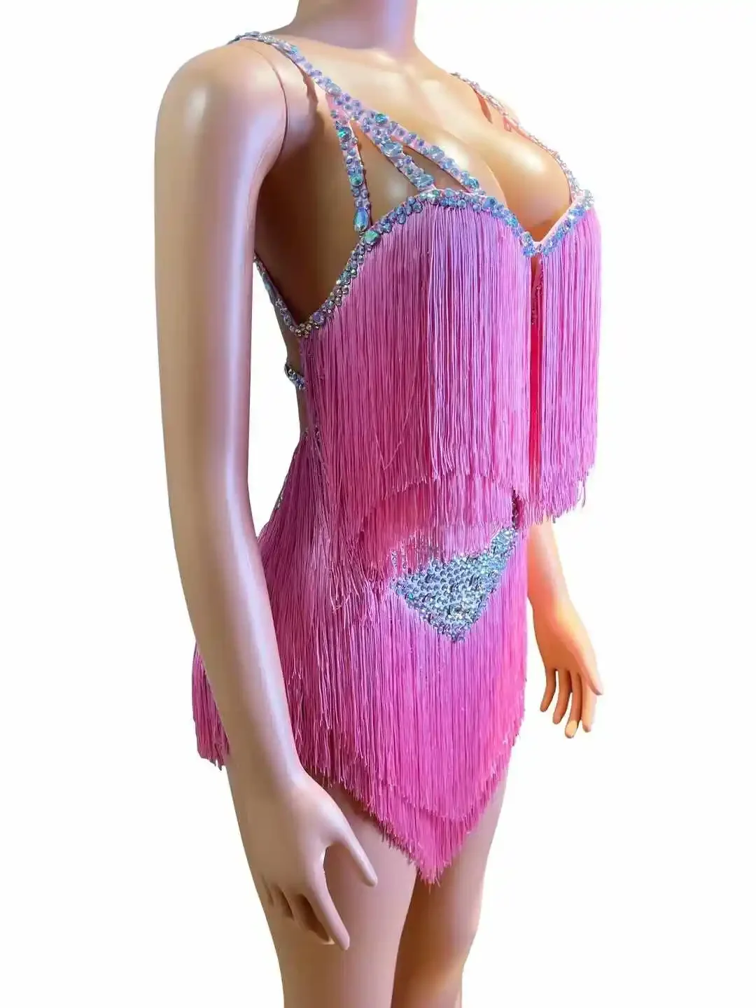 Sexy Fringe Outfit Voor Vrouwen Backless Mouwloze Verjaardag Koningin Jurk Strass Zanger Danser Kostuum Ballroom Party Club