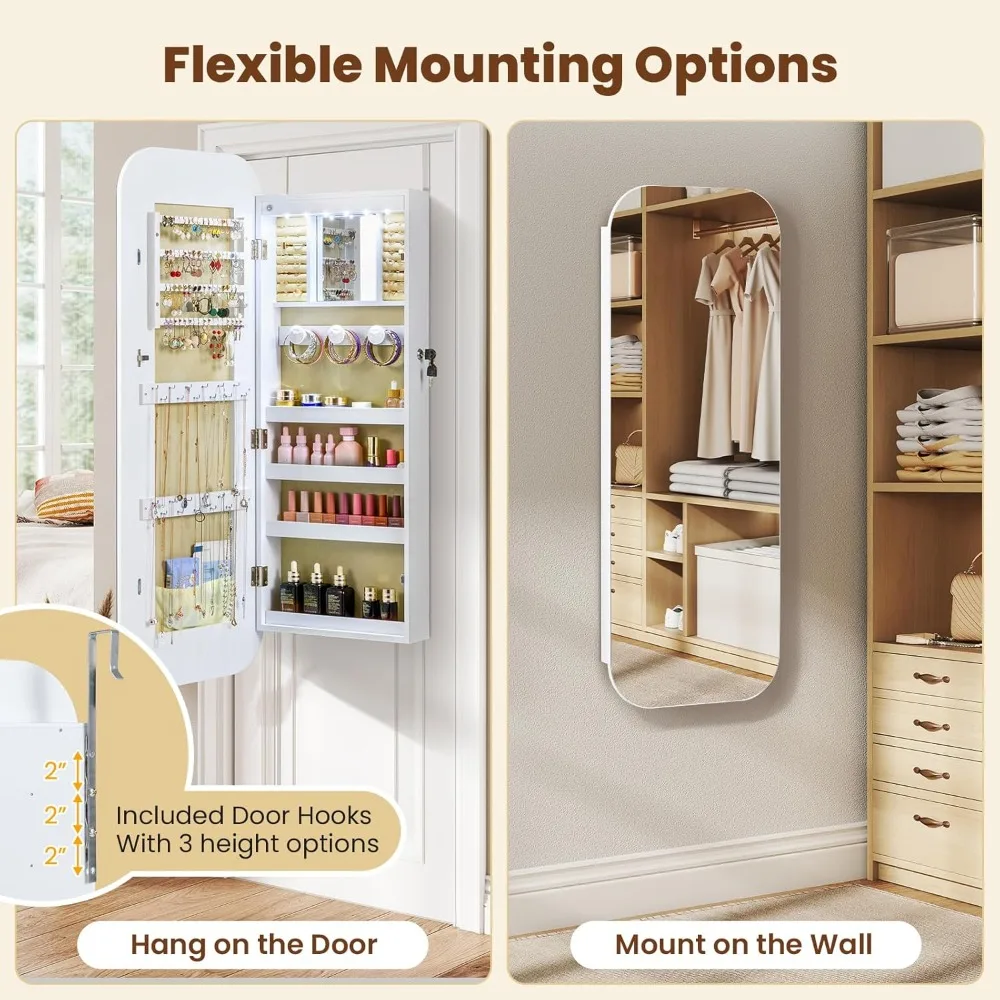 Jewelry Armoire Wall or Door Mounted, 16.5'' Wide Rounded Full Length Mirror with Storage, Built-in LED Makeup Mirror