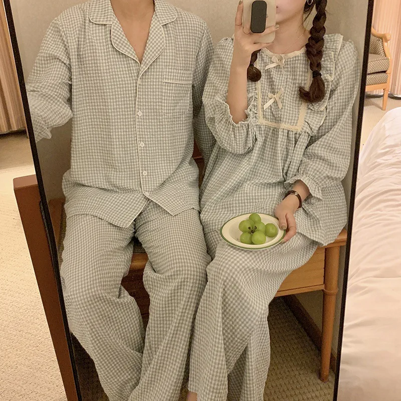 Autumn Ins Plaid Couple Pajamas Hit Color Lotus Leaf Plaid Pajamas Home Clothing Set Sleepwear Pijamas Women Clothes for Women