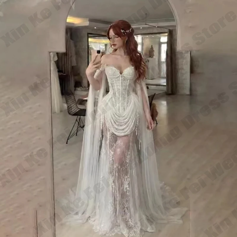Lace Vintage Wedding Dresses Applique Shawl Sweetheart Pleats Backless A-Line Mermaid Bridal Gown Customized Party Dresses Robe