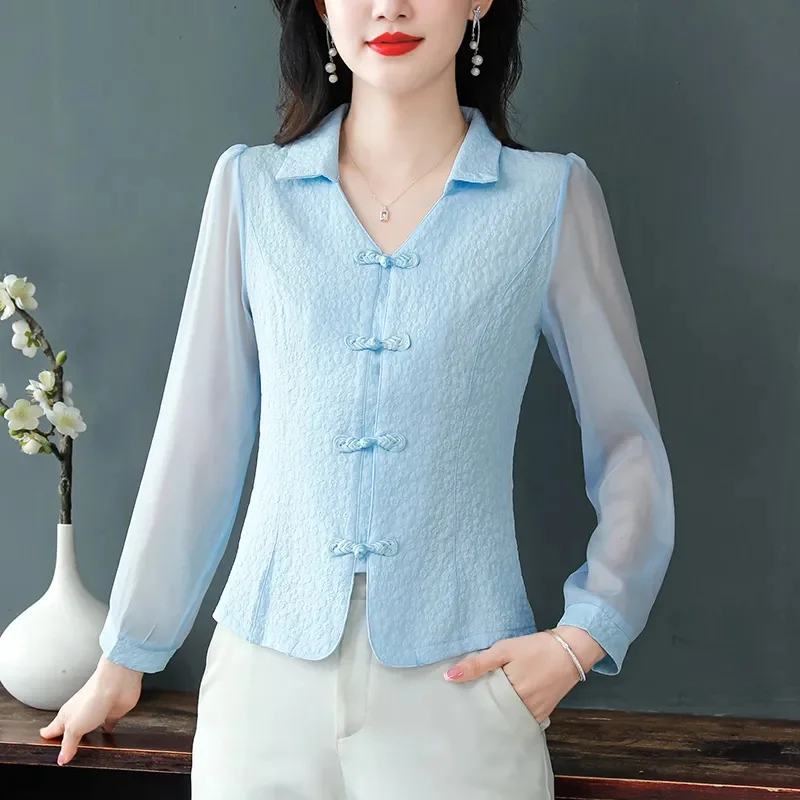 Spring Summer Short Chiffon Shirt Women 2024 New V-Neck Pure Colour Cardigan Shirts Fashion Single-Breasted Blouse Top Female